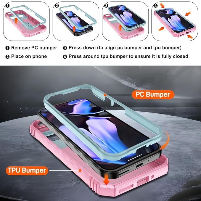 Gritup for Pixel 9/9 Pro Case Military-Grade Shockproof with Kickstand | with 2 PCS Screen Protector, Slide Camera Cover, Heavy Duty Outdoor Protection Funda para Google 9/9 Pro Cover Green+Pink - Image 4