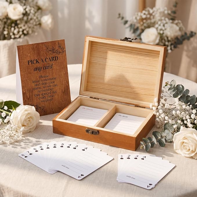 AceOrbit 57 Pack Rustic Wedding Guest Book Playing Card Set with Wooden Box | Wedding Signing Guestbook Alternative Personalized Blank Deck of Cards for Farmhouse Country Reception Bridal Shower Games - Image 2
