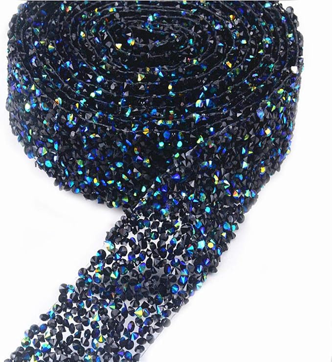 EORTA 1Yard X 3CM Rhinestone Beaded Trim Sparkling Crystal Rhinestone Hotfix Ribbon Iron on Applique Bling Chain Banding Belt for DIY Wedding Bridal Dress Embellishment Phone Wall Decor, Black Blue by EORTA