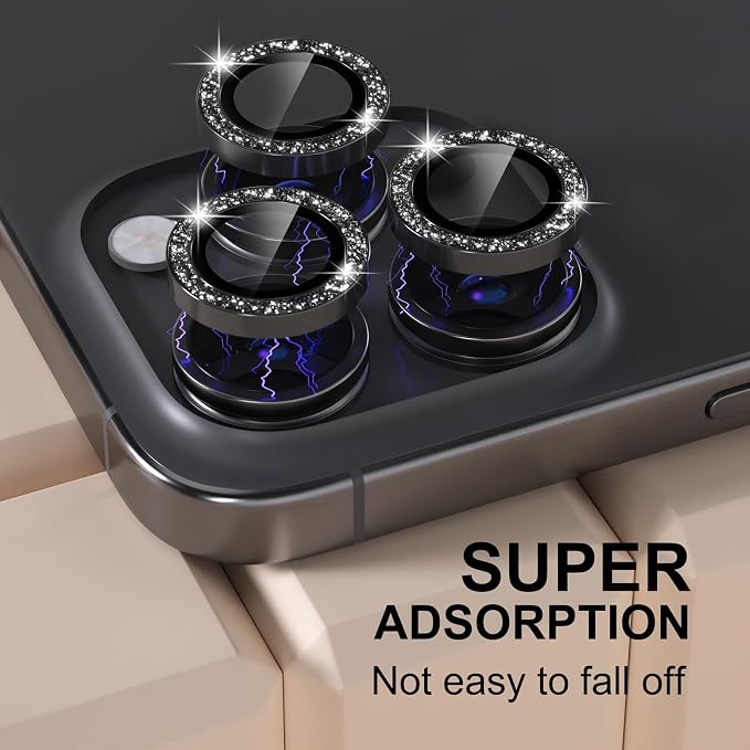 Misea Compatible for iPhone 16 Pro/iPhone 16 Pro Max Camera Lens Protector | 9H Tempered Glass Ultra HD Bling Camera Screen Protector Cover Metal Individual Ring Decoration Accessories, Black Glitter - Image 6