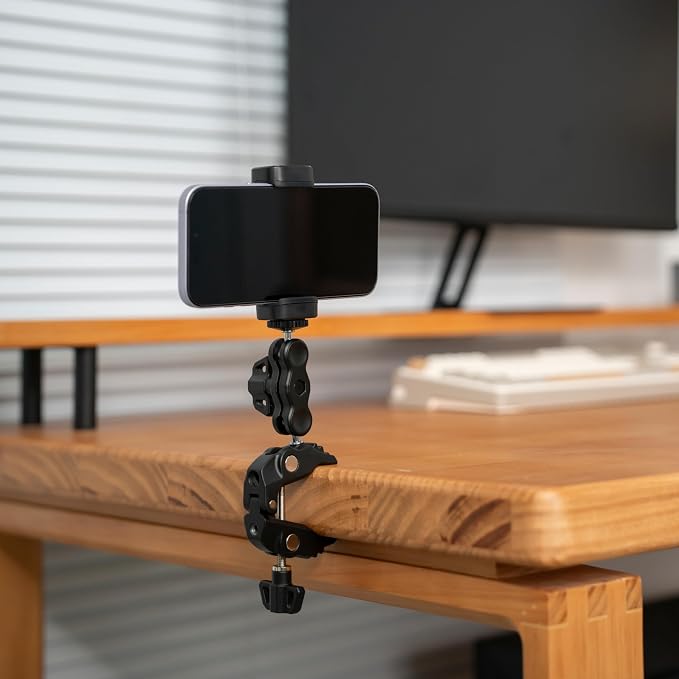 JJC DSLR Super Clamp Camera Mount,Dual Ball Head,w. 1/4"-20 3/8"-16 Thread | Aluminum Pole Mount for Monitor,with Action Camera Mount and Phone Clip,Universal Crab Clamp for Desk Tripod Tube Rod - Image 8