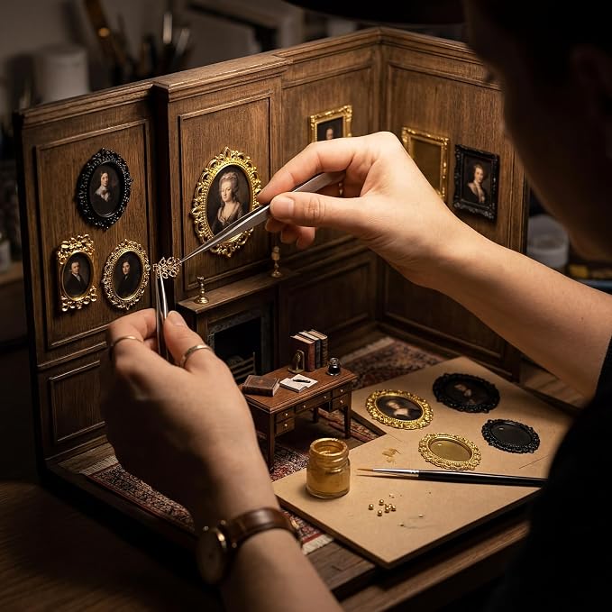 Lewtemi 14 Pcs Mini Frames Dollhouse, Vintage Black Gold Oval | Museum Accessories for Miniatures, Vintage Ornate Design with Hanging Holes, Ideal for Tiny Photo Display in 1:12 Scale Rooms - Image 7