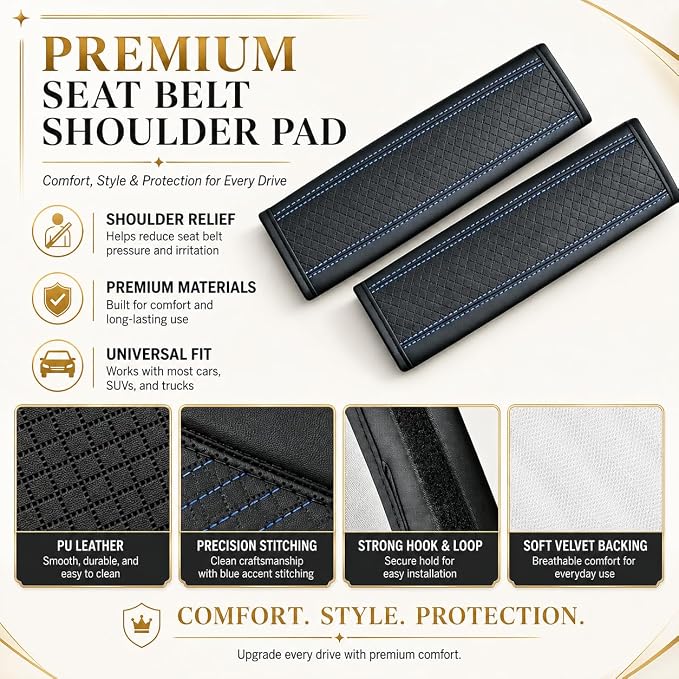 Seat Belt Pads Leather Seat Belt Covers More Comfort Driving Cushion Helps Protect Your Neck and Shoulders Suit for Car, Truck, SUV, Airplane,Camera Backpack Straps Black+Blue-2Pcs - Image 3