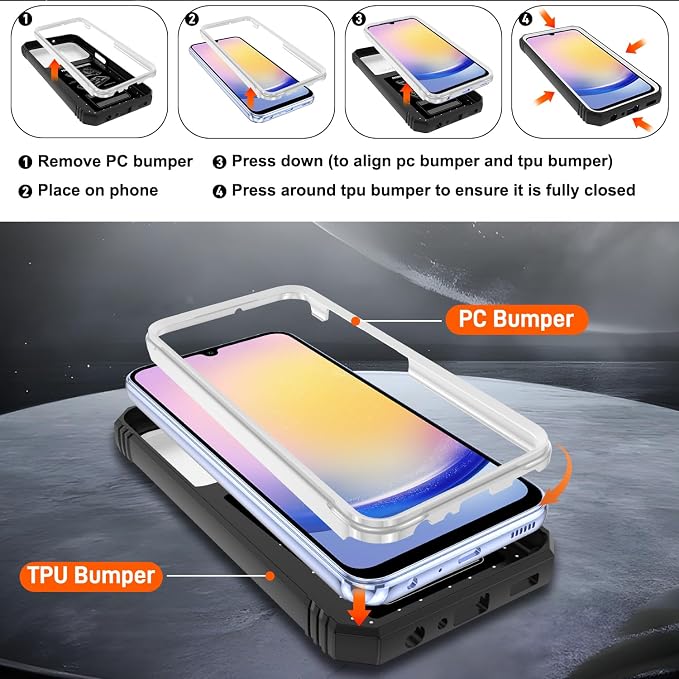 Fit for Samsung Galaxy A25 5G Phone Case with 2PCS Screen Protector, Build in 360° Rotating Ring Kickstand, Military Grade Protective Case for Samsung A25 Case Phone, White+Black - Image 3