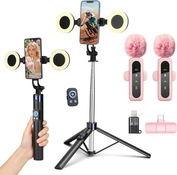 Content Creator Vlogging Kit,70inch Selfie Stick Tripod with Light and Wireless Microphones,Content Creator Essentials for iPhone/Android,Phone Tripod for Tiktok &YouTube Starter Kit by HUGSEE