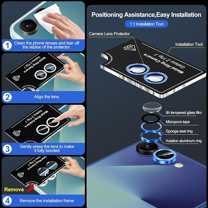 for Samsung Galaxy Z Flip 7 Camera Lens Protector, Individual Metal Ring Tempered Glass Lens Cover, [Strong Adsorption] Scratch Resistant Ultra-Thin HD Clear Lens Cover, 1 Set-Titanium Blue - Image 6