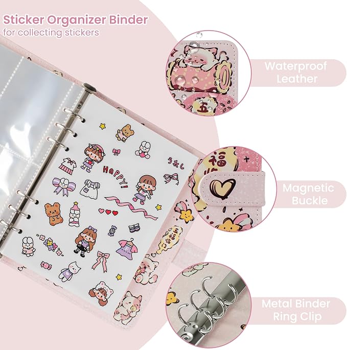 Reusable Sticker Book Collecting,A5 Binder Album Storage Organizer with Blank Release Paper and Pocket for Adult Kids,Cartoon Leather Binder Cover & Magnetic Buckle Closure(Pink) - Image 3