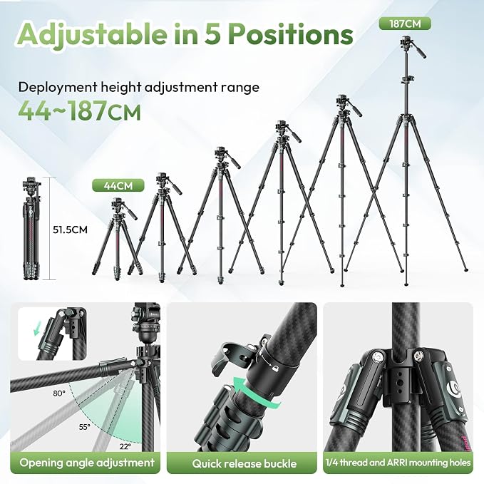 ULANZI JJ06 GlideGo Carbon Fiber Video Tripod, 73.6in, 11lb Load | Dual 360° Pan Head, Portable Lightweight Pro Carbon Fiber, UKA Quick Release, Professional Travel Tripod, with Bag - Image 5