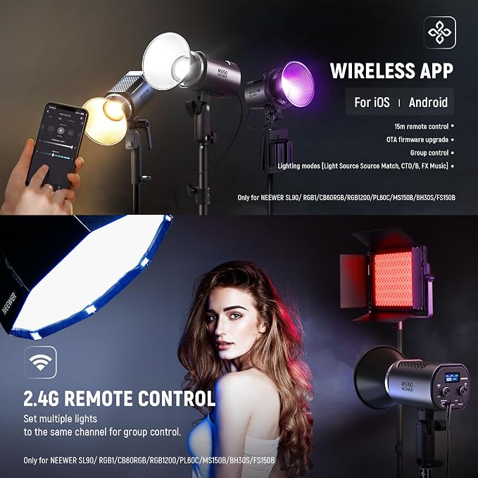 NEEWER MS150 LED Video Light with 2.4G/APP Control, 130W 5600K Studio Daylight Mini COB Continuous Output Lighting, 66800lux/1m, CRI 97+/TLCI 98+, 9 Effects, 0-100% PWM Dimming, Bowens Mount Adapter - Image 6