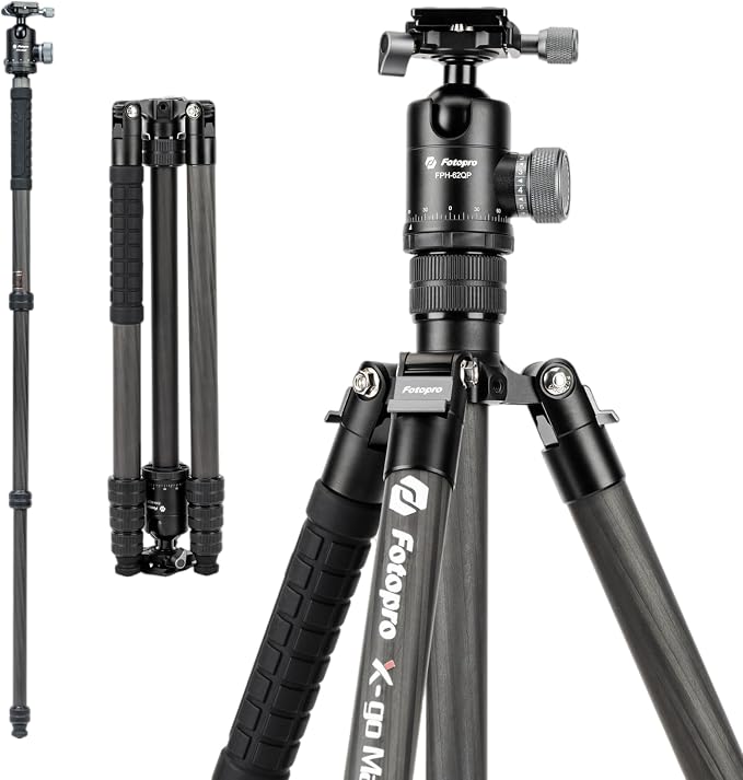 Fotopro 68" Carbon Fiber Travel Tripod, Heavy Duty Camera Tripod with Ball Head, Detachable Monopod with Quick Release Plate and Bag, Load up to 12KG/26lbs by Fotopro