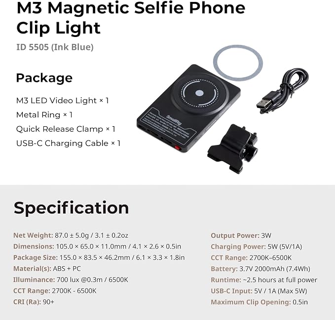 SmallRig M3 Magnetic Selfie Phone Light with Clip, Portable Light | 2000mAh, 120 LEDs, 2700K-6500K, for Content Creators Video Recording, for iPhone/Laptop/Camera/Webcam (Ink Blue) - 5505 - Image 9