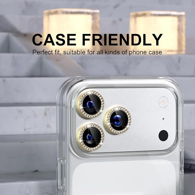Choiche for iPhone 17 Pro/iPhone 17 Pro Max Camera Lens Protector | Ultra HD, Bling 9H Tempered Glass Camera Cover Screen Protector Metal Ring Decoration Accessories (Diamond-Gold) - Image 4