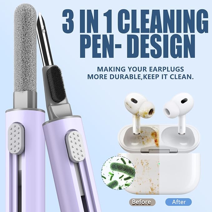 Inesore for AirPod Cleaning Kit, for Phone Earbuds Electronics (Purple) | Metal Tip, High-Density Soft Brush, Flocked Sponge Tip, 3 in 1 Design, Compact & Lightweight, Easy Operation, Easy to Carry - Image 2