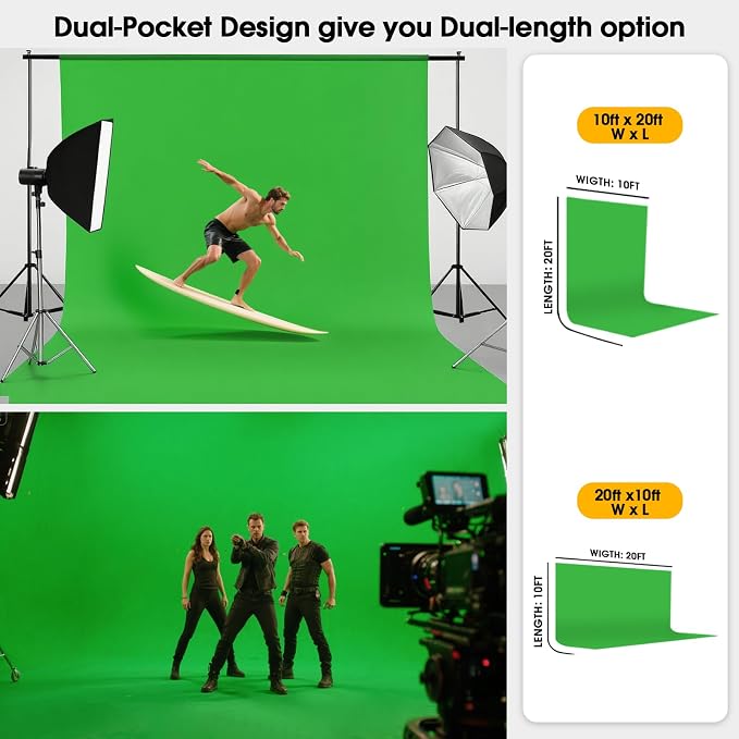 CPLIRIS 10x20ft Green Screen Backdrop for Photography, Dual-Size Dual-Pocket Design Chromakey Background for Photoshoot and Video with Both Options of 10 feet and 20 feet in Width - Image 3