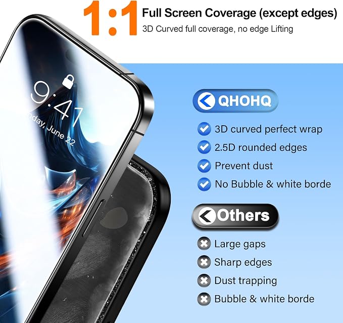 QHOHQ [1-Second Auto-Install] 3 Pack Screen Protector for iPhone 17 + 1 Set Camera Lens Protector, 9H+ Shatterproof Tempered Glass, [12FT Military Grade Protection], Anti-Fingerprint, Case Friendly - Image 5