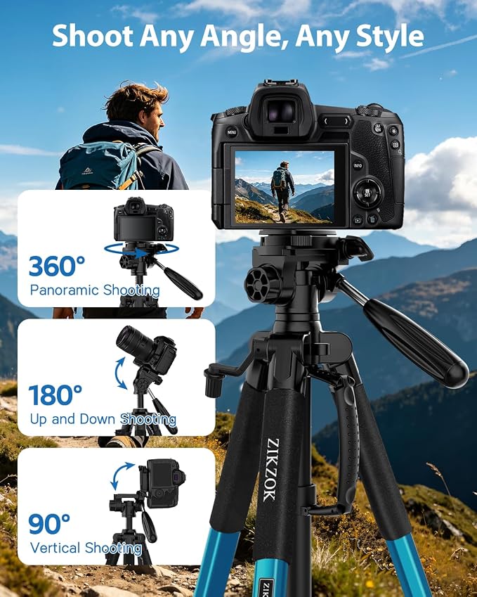 75" Heavy Duty Camera Tripod Stand - Max Load 15LB, Aluminum Travel Tripod for DSLR/Phone/Tablet/Projector, 3-Way Pan Head & Quick Release Plate, Compact Foldable Design (Blue) - Image 7