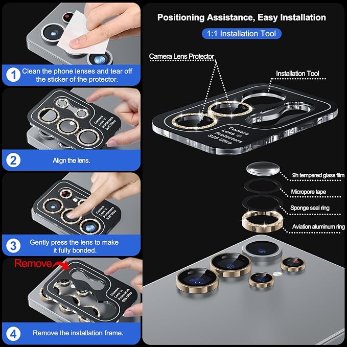 WSKEN for Samsung Galaxy S25 Ultra Camera Lens Protector - Ultra Thin | Case Friendly, 9H Shatterproof Tempered Glass, Anti Scratch Metal Circle, Camera Screen Protector Cover Accessories, Glitter - Image 6