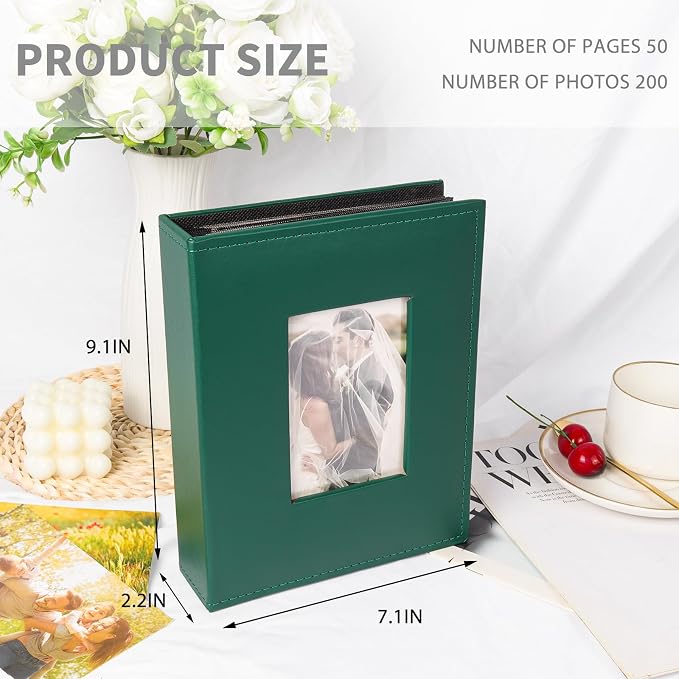 RECUTMS Photo Album 4x6 200 Photos Leather Vacation Memory Book Dark Green | Black Pages, Horizontal Pockets, Small Albums for Family Wedding Travel, DIY Front Window, Baby Photobook, Slip-in Picture - Image 2