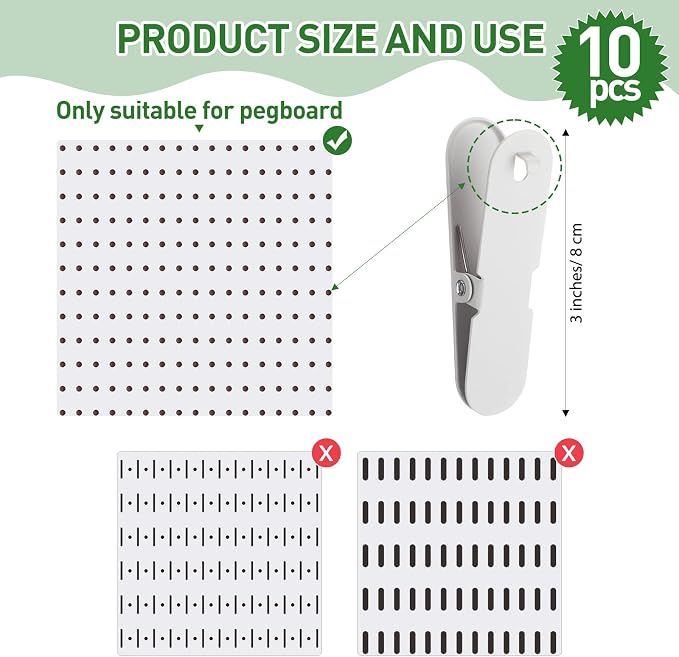 CroBlissful Pegboard Clips Peg Board Metal Accessories Hook, White, 10 Pcs | Pegboard Organizer Hooks for Hanging Pictures, Clips for Crafts Kitchen Bathroom Office, Storage Wall Attachment Display - Image 3