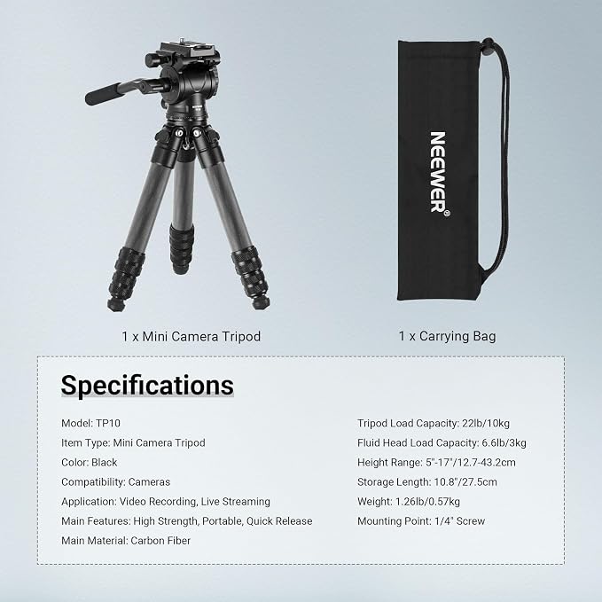 NEEWER Carbon Fiber Desktop Mini Tripod for Camera, Tabletop Portable Travel Tripod with Video Fluid Head, QR Plate for TikTok DSLR Action Camera Video Recording Streaming, Max Load 6.6lb/3kg, TP10 - Image 7