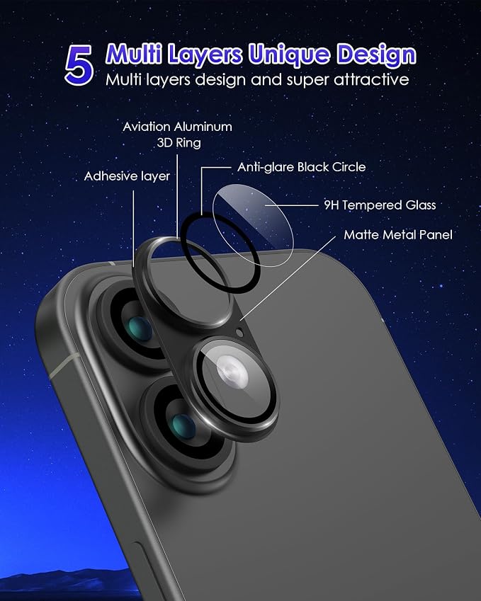Compatible for iPhone 17 /iPhone 16 /iPhone 16 Plus Camera Lens Protector Metal Plus Aluminium Alloy Ring 9H Tempered Glass Screen Case Friendly Camera Cover Black - Image 3