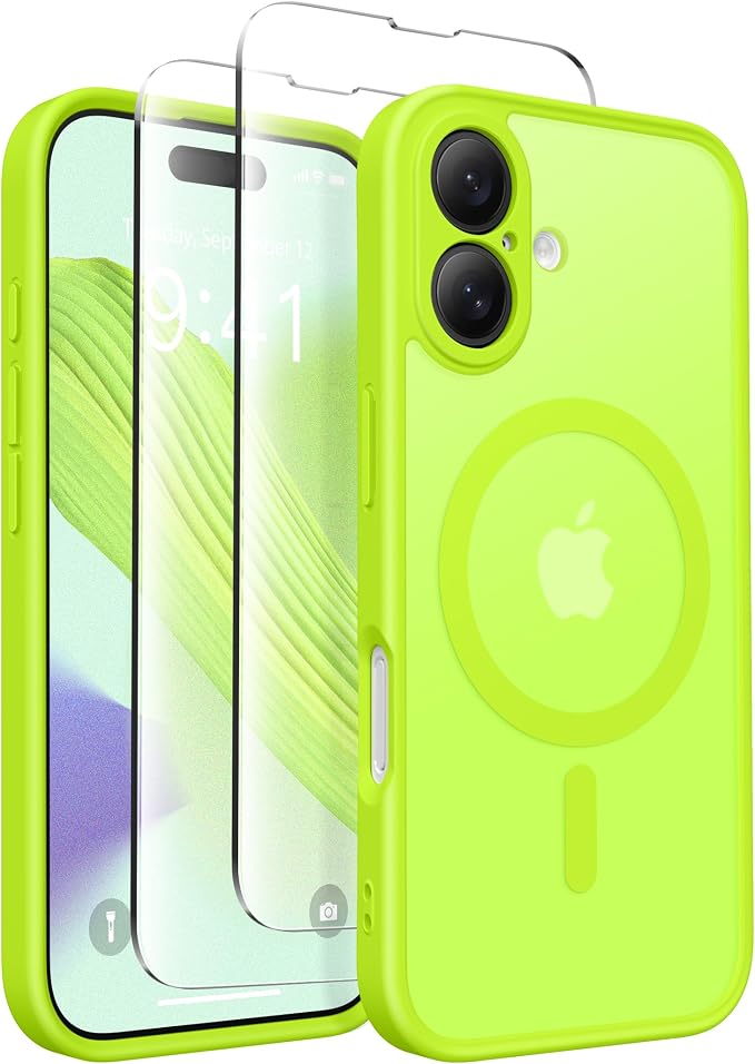 CAPRARO for iPhone 16 Case, Compatible with MagSafe Fluorescent Green | Upgraded [Full Camera Protection] Protective Translucent Matte Women Girl Magnetic Phone Case Cover, Fluorescent Green by CAPRARO