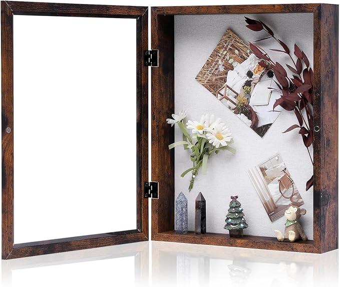 Muzilife 11x14 Shadow Box Picture Frame, 2.16 Deep, HD Glass, Honey Brown | FSC-Wood, Magnetic Door, Linen Interior & Pins, Vertical, Horizontal Wall Hanging, Display Case Frame for Photos & Keepsakes by Muzilife