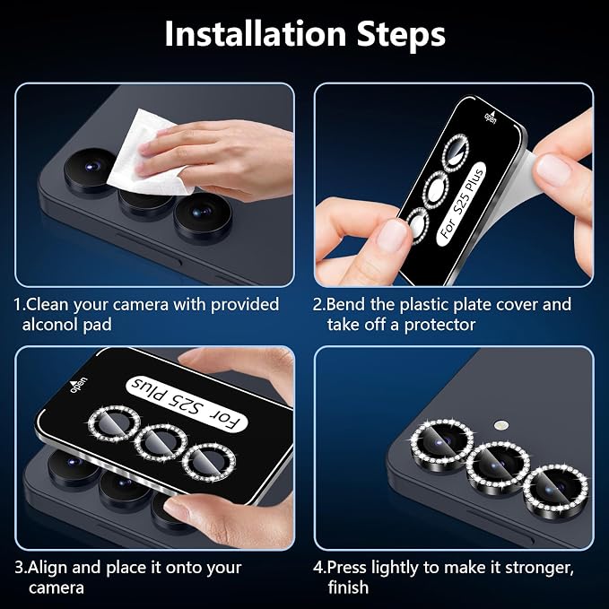 for Samsung Galaxy S25 Plus Camera Lens Protector, Individual Metal Ring Tempered Glass Lens Cover, [Strong Adsorption] Scratch Resistant Ultra-Thin HD Clear Lens Cover, 1 Set-Black Diamond - Image 6