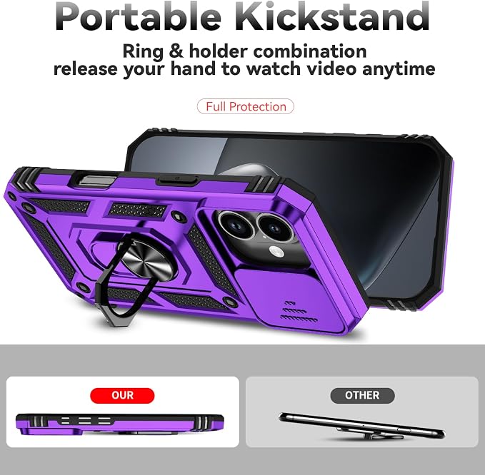 SunStory Compatible with iPhone 17 Case with HD Screen Protector & Slide Camera Cover & Rotated Ring Kickstand, [Military-Grade] iPhone Case for iPhone 17,Purple - Image 2
