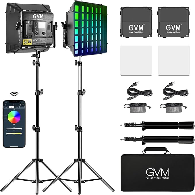 GVM Upgrade 800D RGB Video Light Kits with 2 Softboxes, Studio Lights with Bluetooth Control, 2 Packs Photography Lighting with 18 Lighting Scenes, led Panel Lights for Video Recording by GVMGreatVideoMaker