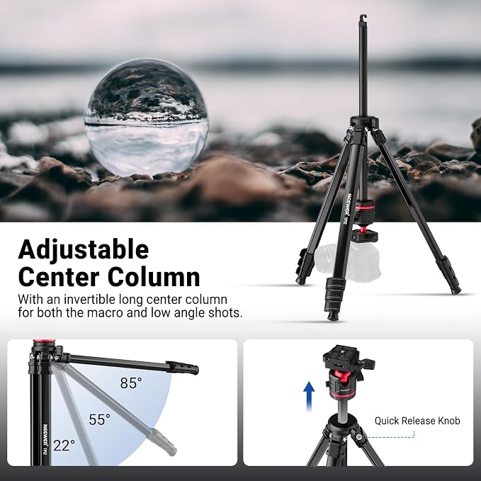 NEEWER Basics 66.5"/169 cm Travel Tripod for Camera, Lightweight Portable DSLR Stand with Ball Head, Arca Type QR Plate, Cell Phone Holder Compatible with iPhone Video Recording, Max Load 11 lb, TP12 - Image 4