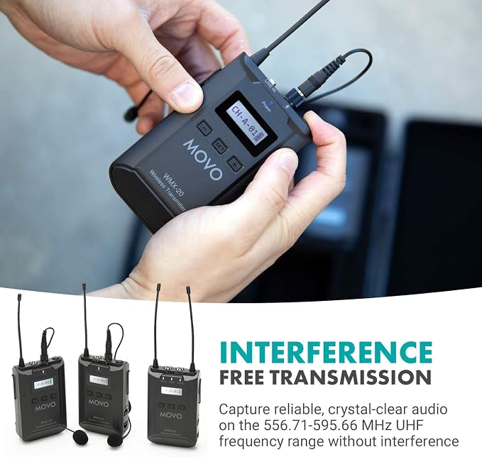 Movo WMX-20-DUO 48-Channel UHF Wireless Lavalier Microphone System with 1 Receiver, 2 Transmitters, and 2 Lapel Microphones Compatible with DSLR Cameras (330' ft Audio Range) - Image 5
