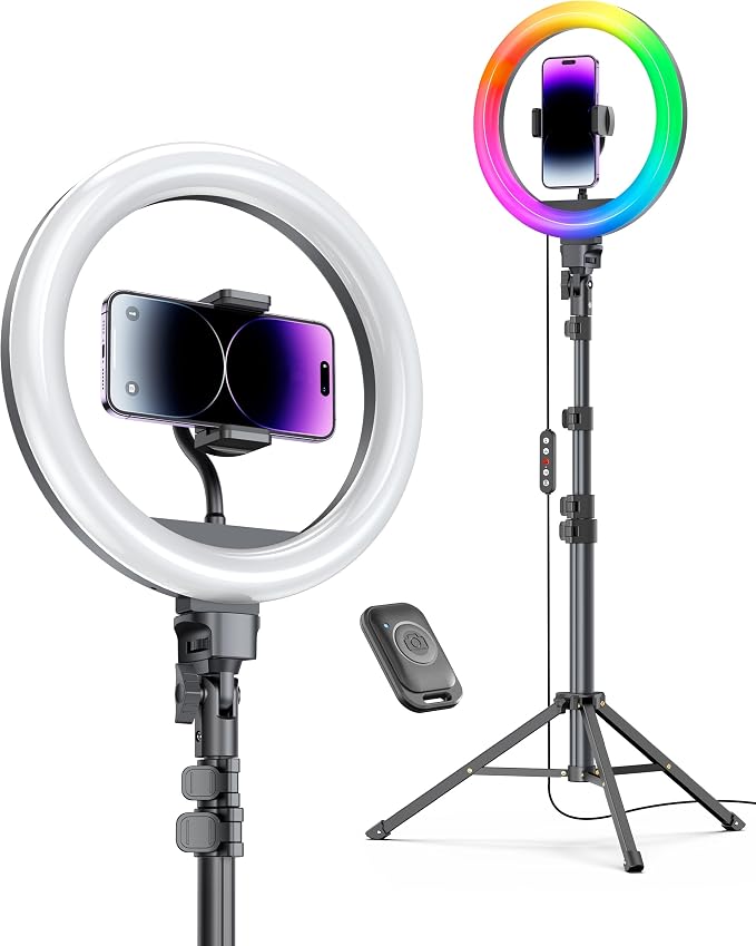 12'' Ring Light with Stand 72'' Tall & 2 Phone Holders,38 Color Modes Selfie Light with Tripod Stand, Big LED Ring Light for iPhone/Android/Camera,YouTube,Makeup by Weilisi