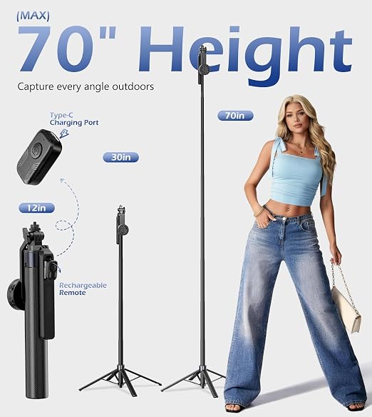 UBeesize 70'' Magnetic Selfie Stick Tripod for iPhone with Remote | 2-in-1 Phone Clamp, 1/4'' Screw Mount, Stable 4-Leg Tripod with Handle, MagSafe Phone Tripod for Camera, GoPro & Insta360 - Image 6