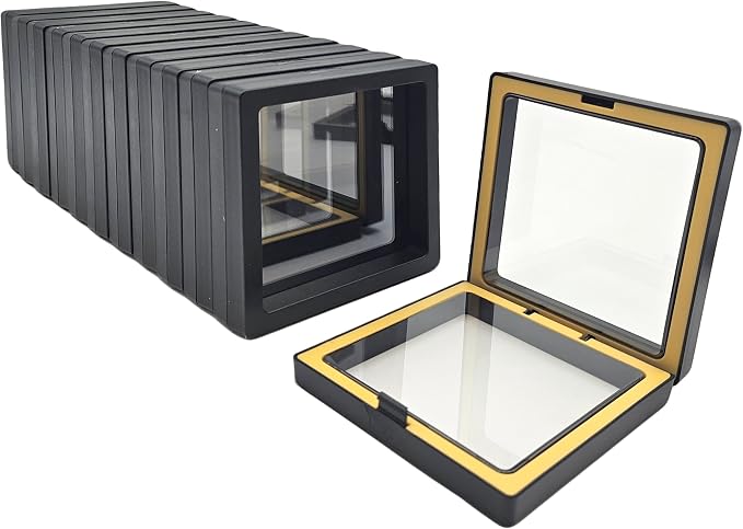 12 PCS Dual-Color Packaging Box 3D Floating Frame Display Stand, Color-Matching Packaging Display Box, Transparent Window Jewelry Case, PE Film Anti-Oxidation Storage Case. (Black+Yellow) by Unknown