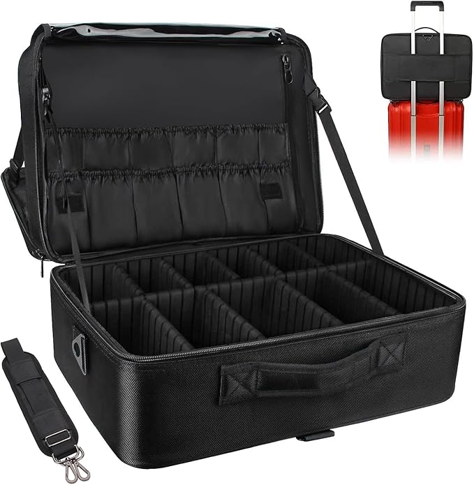 Relavel Extra Large Makeup Case, Makeup Artist Set Bag Professional Cosmetic Organizer Bag Storage Box with Makeup Brush Holder, Adjustable Dividers and Shoulder Strap, Black by Relavel