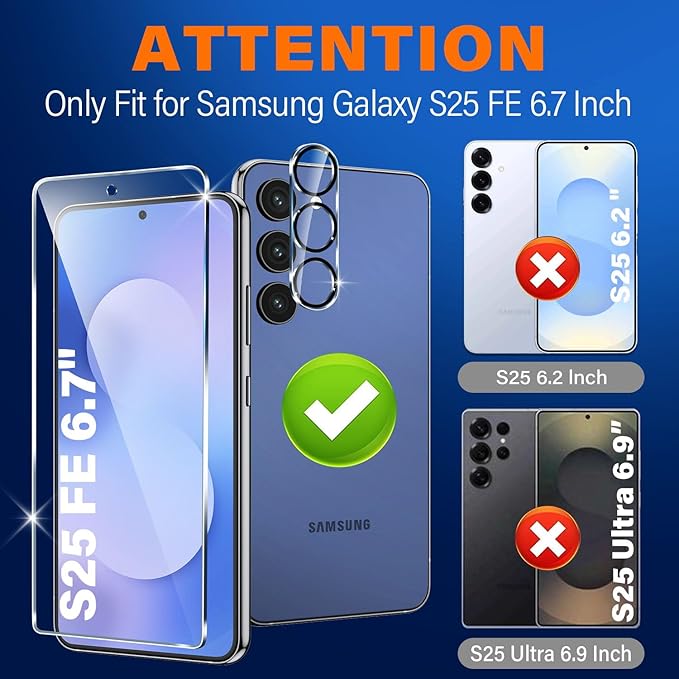 firtstnow 3 Pack for Samsung Galaxy S25 FE Screen Protector Tempered Glass + 3 Pack Camera Lens Protector, Military Grade Shatterproof, 9H Hardness, Fingerprint Unlock, Case Friendly 6.7 Inch - Image 2