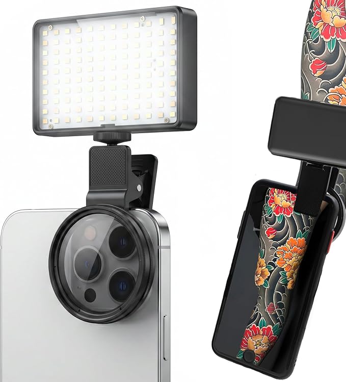Polarized CPL Lens Light for iPhone - 120 LED Tattoo Photography Kit, 58mm Filter Removes Glare, Adjustable Color Temp, Clip-On Selfie Light for TikTok, Video Recording, Tattoo Photography by Unknown