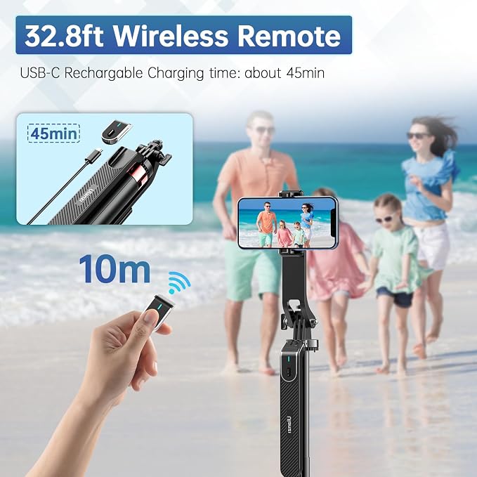 ULANZI MA09 Phone Tripod, 71" Selfie Stick for Luna Gopro Pocket4 Action | Cell Phone Tripod Stand w rechargeable remote, Handheld Shooting, 360° Rotating, 1/4'' Screw for Selfie Video, iPhone Android - Image 5