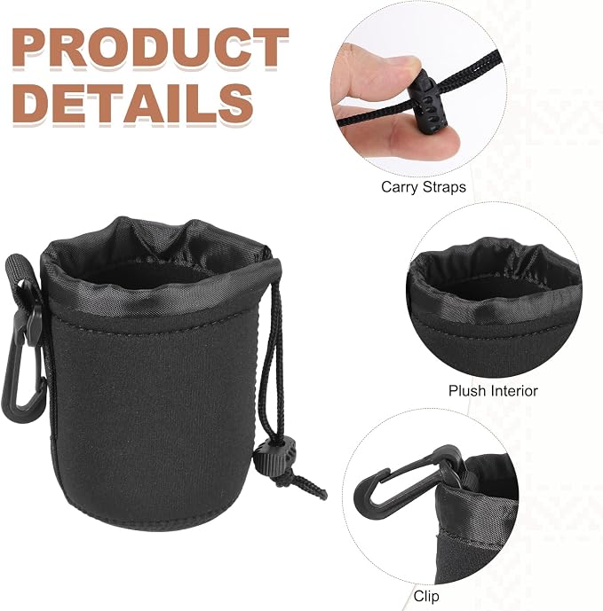PATIKIL 3 Pcs Camera Lens Pouch, 3" ID x 4" H Drawstring Lens Pouch Protective Camera Lens Case Bag Soft Plush Neoprene Bag for DSLR Photography Gear, Black - Image 3
