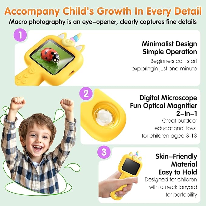 Kids Microscope, 2.4" Screen Handheld Digital Microscope 600X with 4K Camera & 8 LED Lights, Portable Pocket Microscope for Bugs Plants Nature Exploration, STEM Science Toy Gift Ages 3-12(Yellow) - Image 6