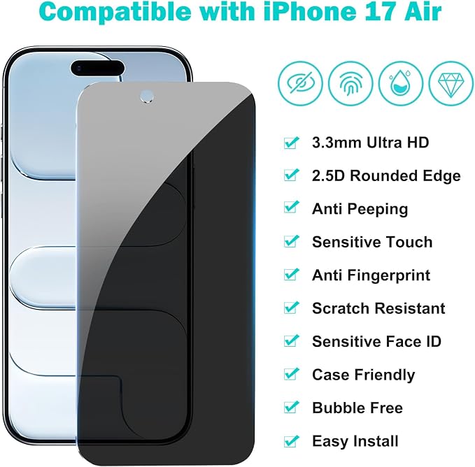 PEHAEL for iPhone Air/17 Air Privacy Screen Protector+Camera Lens Protector | 3+3 Pack, Installation kits, Anti-Spy Private, Anti-Scratch, 9H Tempered Glass, Case Friendly, [6.5 inch] - Image 2
