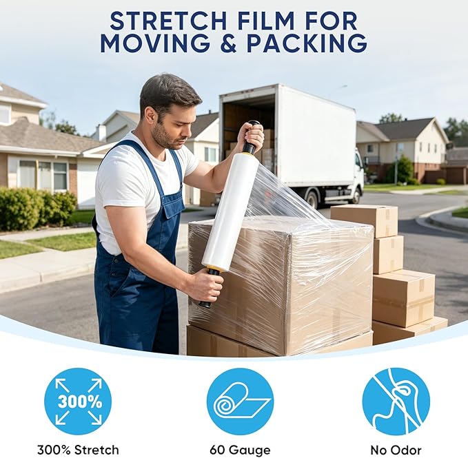TICONN 4Pk Stretch Wrap Stretch Film Roll, 1000ft Industrial Strength 15 inch Wide Clear Plastic Wrap with Handles for Pallet Wrapping Shipping Moving - Image 5