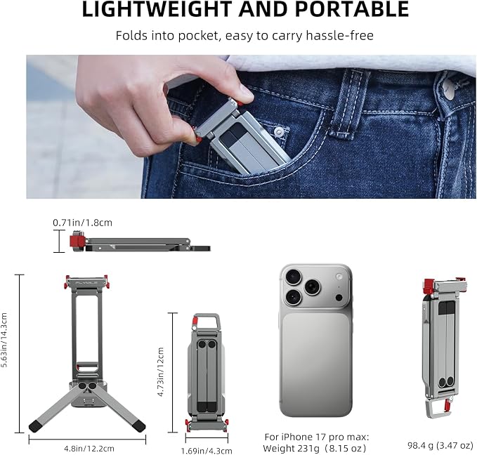 Action 6 Magnetic Quick Release Mini Tripod Stand, 180° Adjustable Aluminum Tripod Table Mount Desk Base for DJI Osmo Nano with 1/4" Screw Adapter, Arca & Foldable Hook Fits Travel Accessories - Image 9