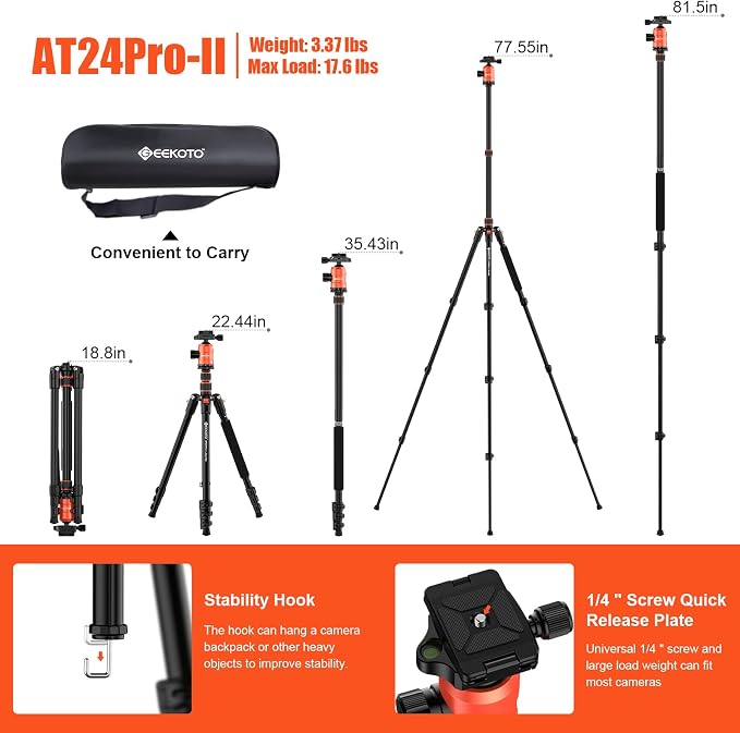 [Upgrade Version] GEEKOTO 77'' Aluminum Camera Stand & Monopod, Foldable Travel Gear with 360° Ball Head and Quick Release Plate for DSLR, Work, and Content Creation - Image 2