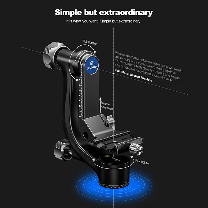 Leofoto Gimbal Head, Compact Outdoor Shooting Gimbal Head with 360° Pan Rotation, 3/8"-16 Mounting Hole and Arca-Type Clamp for DSLR/Camcorder/Camera/Telephoto, Max Load to 30kg /66.14 lb (PG-4-Black) - Image 2