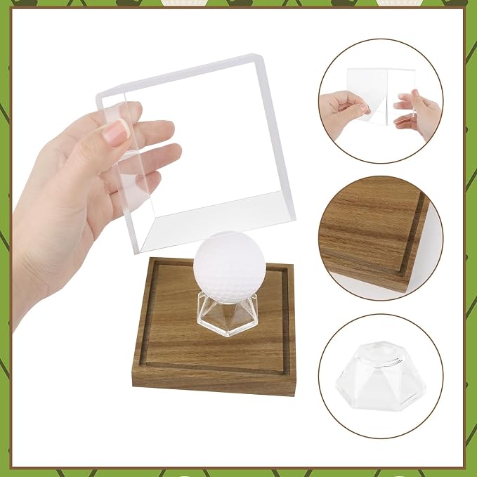 Clear Acrylic Golf Ball Display Case with Wood Base & Acrylic Holder, Memorabilia Stand Cube Holder, Dust Protection Transparent Storage Box for Single Ball Souvenir Golfball Collections - Image 7