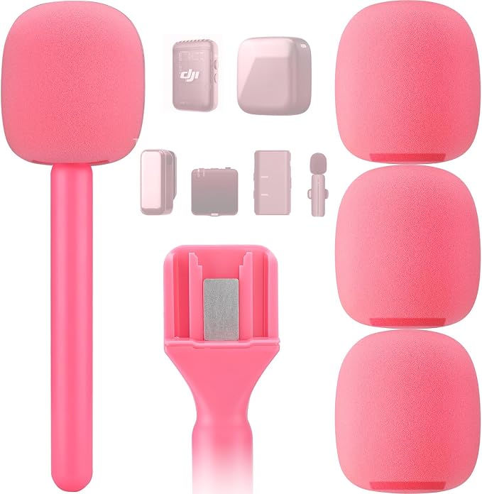 Facmogu Pink Mic Holder for DJI Wireless Mic, Handle for Rode Wireless Pro | 3PCS Foam Cover | Pink Microphone Accessories for Dji Mic Mini | Interview Handle for DJI/Rode/Hollyland Lark Lavalier by Facmogu