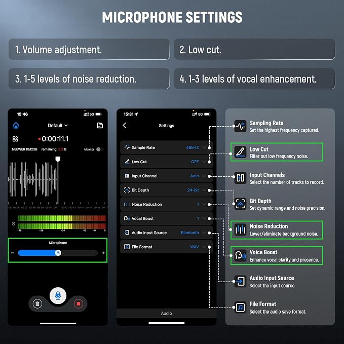 NEEWER KM23B Wireless Lavalier Microphone Bluetooth App Control, Compatible with iPhone Android Phone 8Hrs Battery Vocal Enhancement Noise Cancellation Volume Adjustment Low Cut for Streaming Vlogging - Image 4