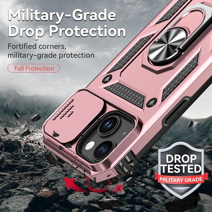 HNHYGETE for iPhone 15 Case with HD Screen Protector: [Military Grade 20ft. Drop Tested] Ring Shockproof Protective Phone Case for - iPhone 15 Rose Gold - Image 3